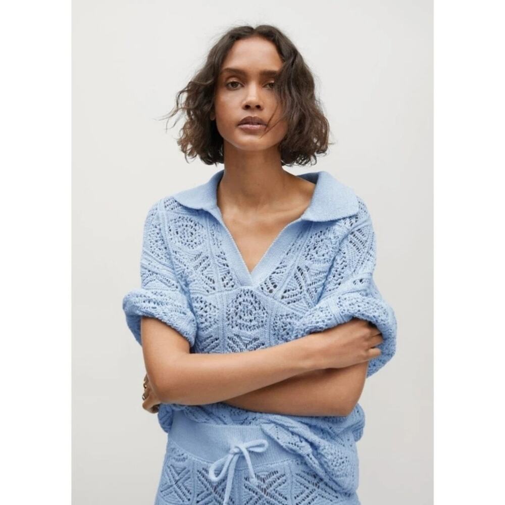 NWT Mango Blue Crochet Cova Boho V-neck Collared  Sweater Women's S